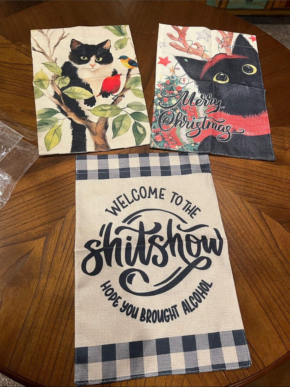 Set of 3 Decorative Cat & Novelty garden flags - Black, Cream, Red, Green